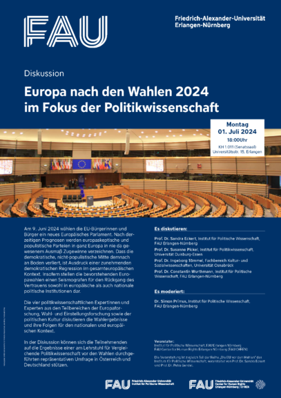 Flyer zur Dikussion Europa nach den Wahlen 2024 im Fokus der Politikwissenschaft